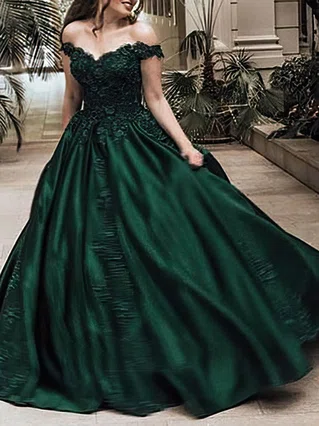 Ball Gown Off-the-shoulder Satin Sweep Train Beading Prom Dresses #Favs020107936
