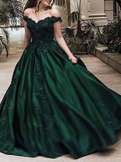 Ball Gown Off-the-shoulder Satin Sweep Train Beading Prom Dresses #Favs020107936
