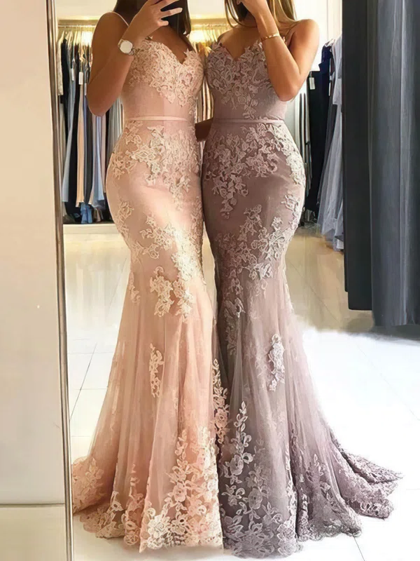 Trumpet/Mermaid V-neck Lace Tulle Sweep Train Appliques Lace Prom Dresses #Favs020107937