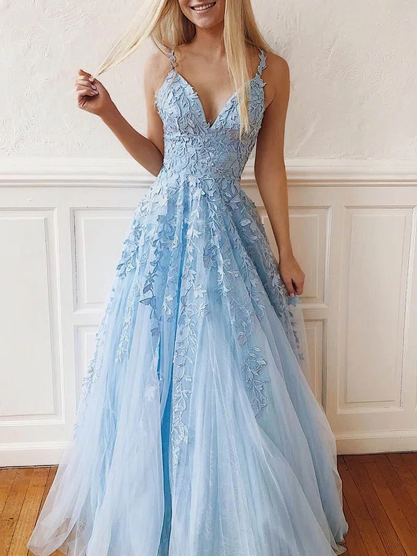 A-line V-neck Tulle Lace Sweep Train Appliques Lace Prom Dresses #Favs020107939