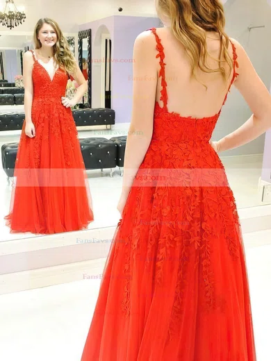 A-line V-neck Tulle Lace Sweep Train Appliques Lace Prom Dresses #Favs020107939
