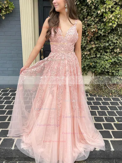 A-line V-neck Tulle Lace Sweep Train Appliques Lace Prom Dresses #Favs020107939