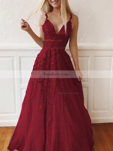 A-line V-neck Tulle Lace Sweep Train Appliques Lace Prom Dresses #Favs020107939