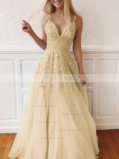 A-line V-neck Tulle Lace Sweep Train Appliques Lace Prom Dresses #Favs020107939