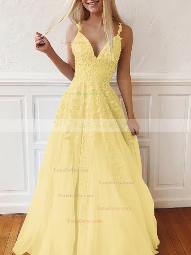 A-line V-neck Tulle Lace Sweep Train Appliques Lace Prom Dresses #Favs020107939