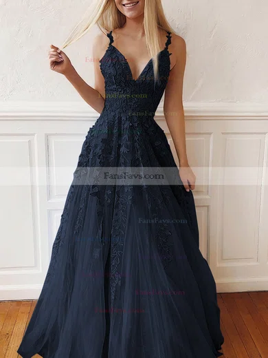 A-line V-neck Tulle Lace Sweep Train Appliques Lace Prom Dresses #Favs020107939