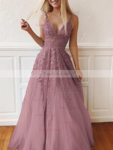 A-line V-neck Tulle Lace Sweep Train Appliques Lace Prom Dresses #Favs020107939