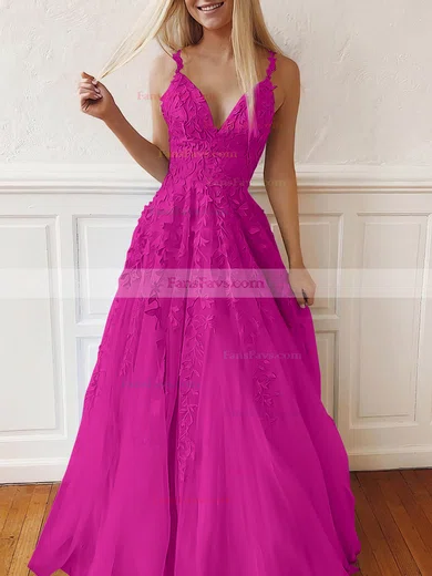 A-line V-neck Tulle Lace Sweep Train Appliques Lace Prom Dresses #Favs020107939