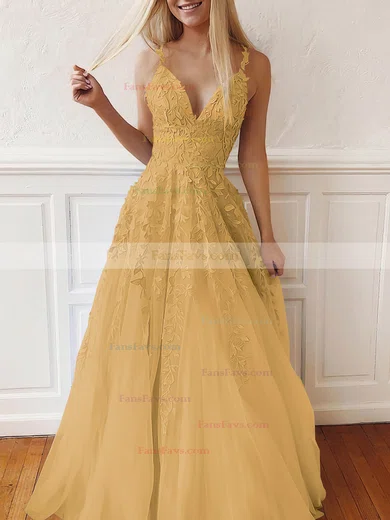 A-line V-neck Tulle Lace Sweep Train Appliques Lace Prom Dresses #Favs020107939