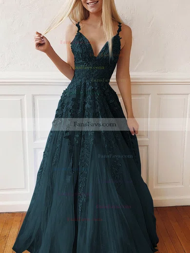 A-line V-neck Tulle Lace Sweep Train Appliques Lace Prom Dresses #Favs020107939