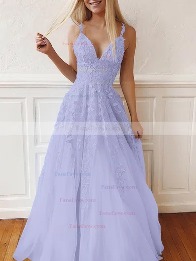 A-line V-neck Tulle Lace Sweep Train Appliques Lace Prom Dresses #Favs020107939