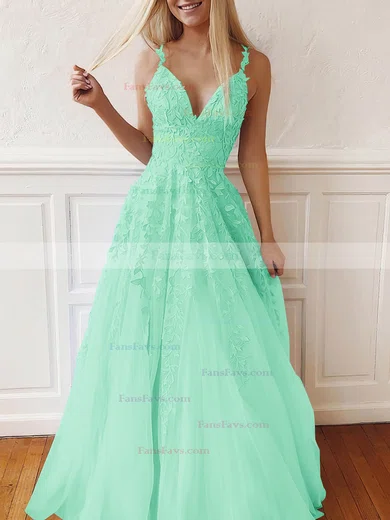 A-line V-neck Tulle Lace Sweep Train Appliques Lace Prom Dresses #Favs020107939