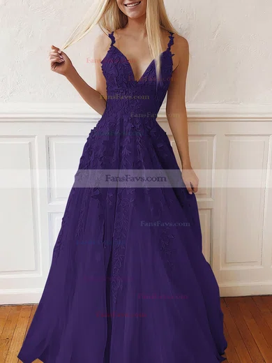 A-line V-neck Tulle Lace Sweep Train Appliques Lace Prom Dresses #Favs020107939