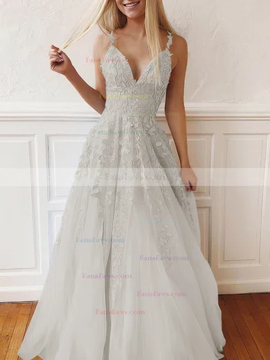 A-line V-neck Tulle Lace Sweep Train Appliques Lace Prom Dresses #Favs020107939