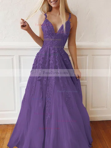 A-line V-neck Tulle Lace Sweep Train Appliques Lace Prom Dresses #Favs020107939