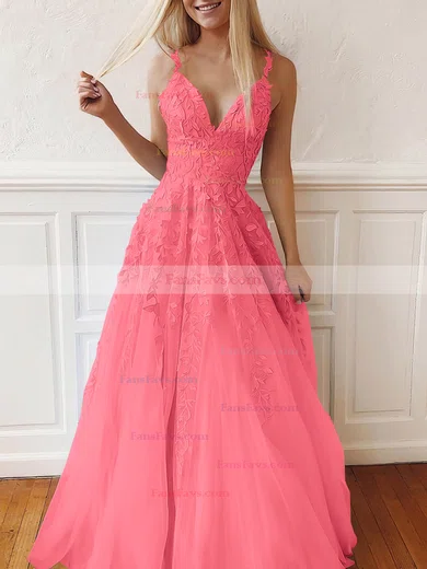 A-line V-neck Tulle Lace Sweep Train Appliques Lace Prom Dresses #Favs020107939