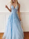 A-line V-neck Tulle Lace Sweep Train Appliques Lace Prom Dresses #Favs020107939