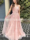 A-line V-neck Tulle Lace Sweep Train Appliques Lace Prom Dresses #Favs020107939