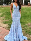 Trumpet/Mermaid V-neck Lace Sweep Train Appliques Lace Prom Dresses #Favs020107940
