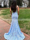 Trumpet/Mermaid V-neck Lace Sweep Train Appliques Lace Prom Dresses #Favs020107940