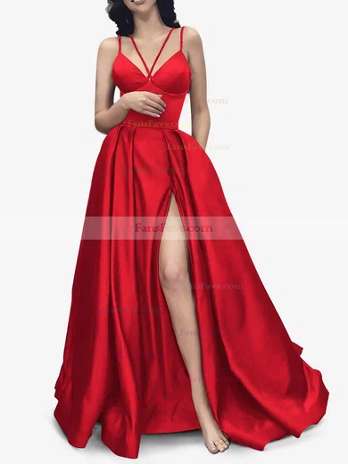 A-line V-neck Satin Sweep Train Pockets Prom Dresses #Favs020107941