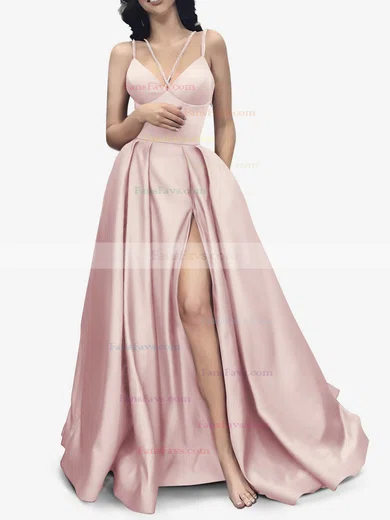 A-line V-neck Satin Sweep Train Pockets Prom Dresses #Favs020107941