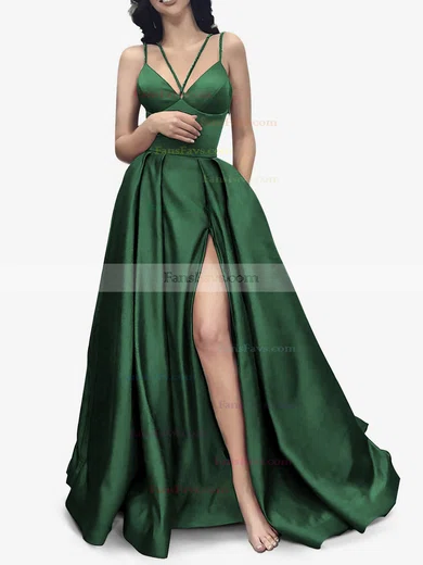 A-line V-neck Satin Sweep Train Pockets Prom Dresses #Favs020107941