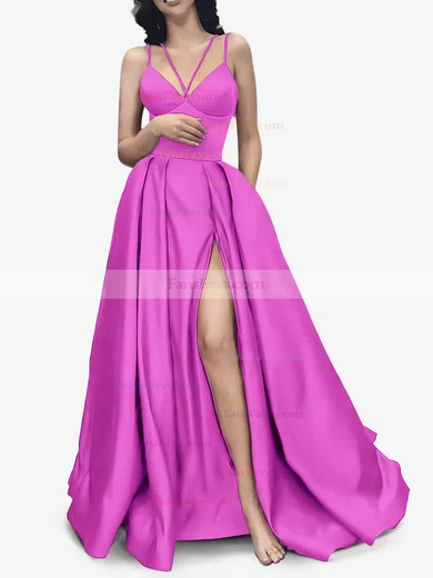A-line V-neck Satin Sweep Train Pockets Prom Dresses #Favs020107941
