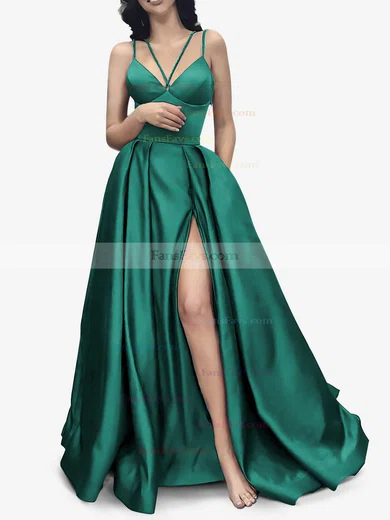 A-line V-neck Satin Sweep Train Pockets Prom Dresses #Favs020107941