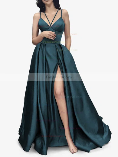 A-line V-neck Satin Sweep Train Pockets Prom Dresses #Favs020107941