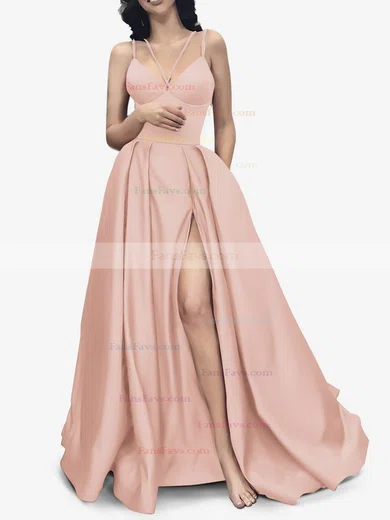 A-line V-neck Satin Sweep Train Pockets Prom Dresses #Favs020107941