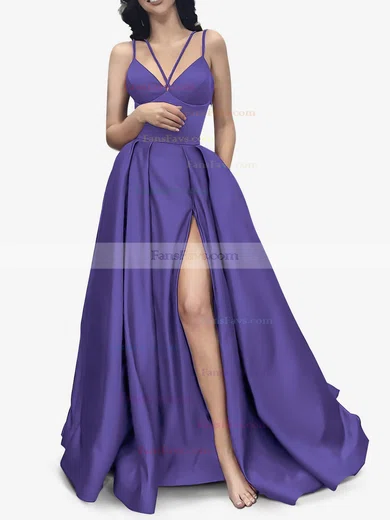 A-line V-neck Satin Sweep Train Pockets Prom Dresses #Favs020107941