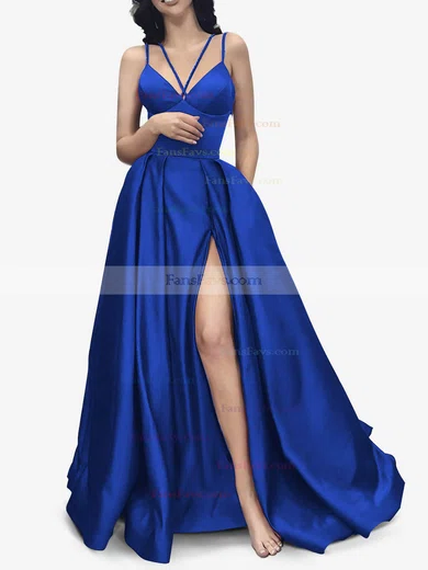 A-line V-neck Satin Sweep Train Pockets Prom Dresses #Favs020107941
