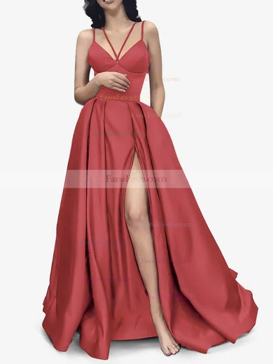 A-line V-neck Satin Sweep Train Pockets Prom Dresses #Favs020107941