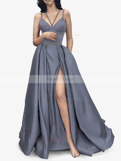 A-line V-neck Satin Sweep Train Pockets Prom Dresses #Favs020107941