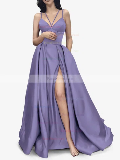 A-line V-neck Satin Sweep Train Pockets Prom Dresses #Favs020107941