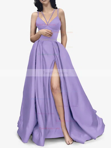 A-line V-neck Satin Sweep Train Pockets Prom Dresses #Favs020107941