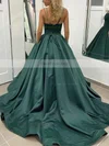 A-line V-neck Satin Sweep Train Pockets Prom Dresses #Favs020107941