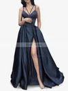 A-line V-neck Satin Sweep Train Pockets Prom Dresses #Favs020107941