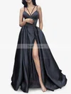 A-line V-neck Satin Sweep Train Pockets Prom Dresses #Favs020107941