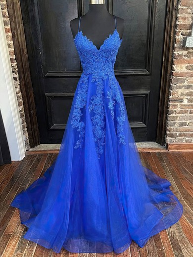 A-line V-neck Tulle Lace Sweep Train Beading Prom Dresses #Favs020107943