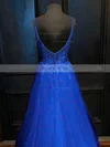 A-line V-neck Tulle Lace Sweep Train Beading Prom Dresses #Favs020107943