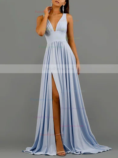 A-line V-neck Silk-like Satin Sweep Train Split Front Prom Dresses #Favs020107945