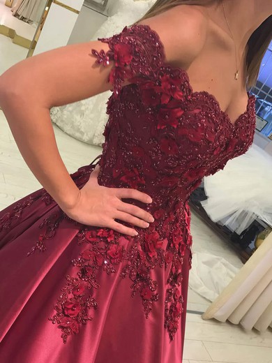 Ball Gown Off-the-shoulder Satin Lace Sweep Train Beading Prom Dresses #Favs020107946