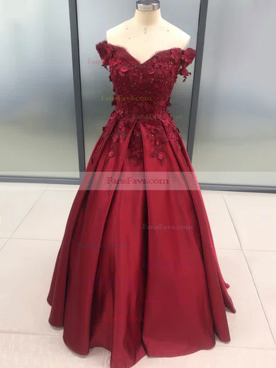Ball Gown Off-the-shoulder Satin Lace Sweep Train Beading Prom Dresses #Favs020107946