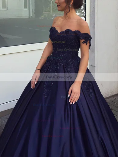 Ball Gown Off-the-shoulder Satin Lace Sweep Train Beading Prom Dresses #Favs020107946