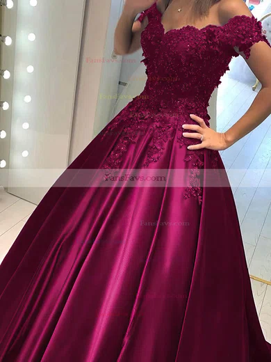 Ball Gown Off-the-shoulder Satin Lace Sweep Train Beading Prom Dresses #Favs020107946