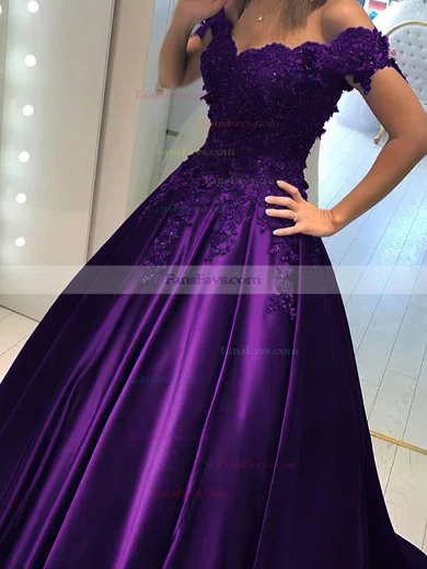 Ball Gown Off-the-shoulder Satin Lace Sweep Train Beading Prom Dresses #Favs020107946