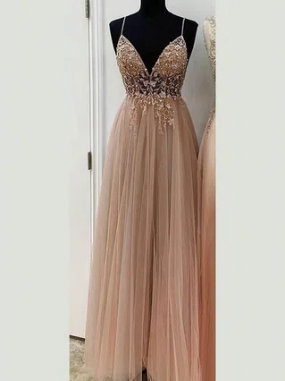 A-line V-neck Tulle Sweep Train Appliques Lace Prom Dresses #Favs020107947 A-line V-neck Tulle Sweep Train Appliques Lace Prom Dresses #Favs020107947