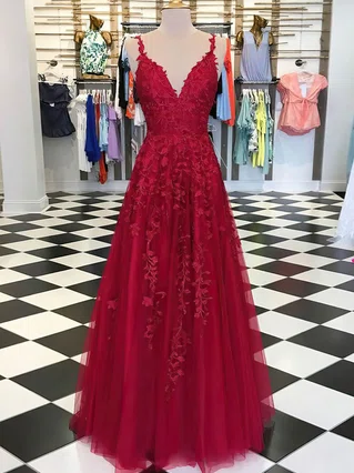 A-line V-neck Lace Tulle Sweep Train Appliques Lace Prom Dresses #Favs020107949 A-line V-neck Lace Tulle Sweep Train Appliques Lace Prom Dresses #Favs020107949